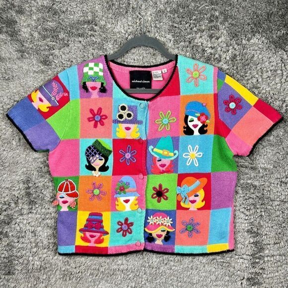 Vintage Michael Simon Sweater Faces Size M Cardigan Short Sleeve *READ*